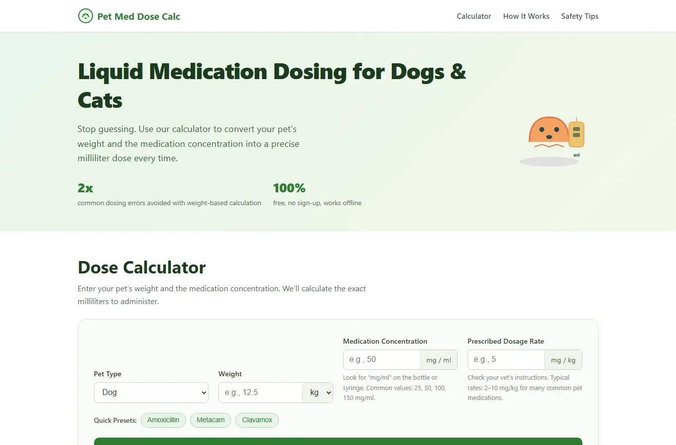 Screenshot of Pet Med Dose Calc interface showing the project page in use